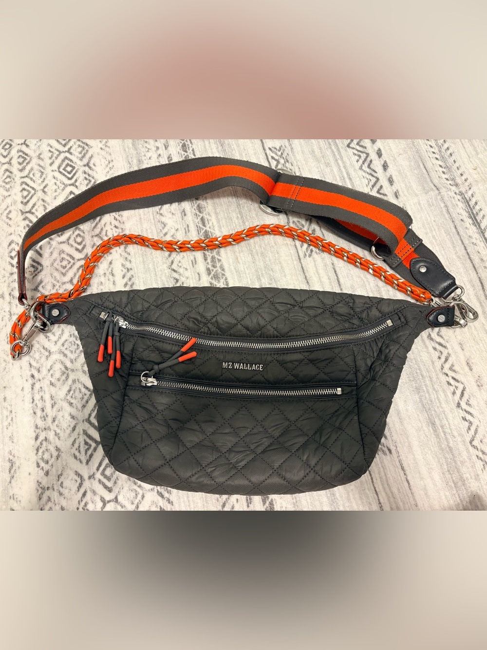 MZ Wallace Quilted Grey Belt Bag with Orange Trim